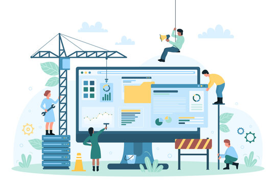 Website under construction vector illustration. Cartoon tiny people build and update structure of site with construction crane, builders work and create content with digital editor and equipment