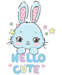 Hand Drawn Cute Bunny, print design happy rabbit, children print on t-shirt