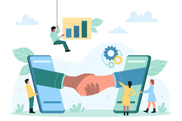 Partnership and deal, handshake of business people vector illustration. Cartoon partners from screen of mobile phones shake hands, tiny people holding finance graph to work with company contract - obrazy, fototapety, plakaty