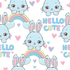 happy Rabbit and rainbow, Seamless Pattern Hand Drawn Bunny print design background Vector Design