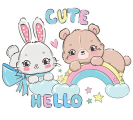 Cute Rabbit and Bear Baby Sits on the rainbow Vector Illustration Print
