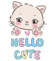 Cute happy cat sketch vector illustration print design with text
