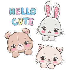 Happy Bear and Cat and bunny Childrens Cute Print Vector Illustration Inscription Hello cute