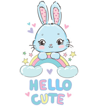 Hand Drawn Cute Bunny, print design happy rabbit, children print on t-shirt