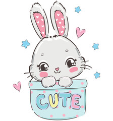 Hand drawn cute bunny sitting in a blue pocket vector illustration childish design print for baby
