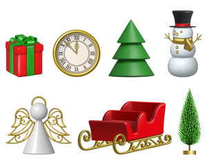 Set of christmas 3d elements. collection of isolated christmas decorations.3d gift box, clock, christmas tree, snowman, angel and sleigh