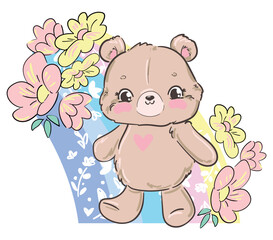 Hand drawn Cute Teddy Bear and flowers Kids print vector illustration