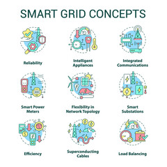 Smart grid concept icons set. Contemporary engineering. Intelligent power system idea thin line color illustrations. Isolated outline drawings