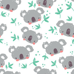 Happy Cute Koala and green leaves eucalyptus pattern seamless. Print design for textile childish background.