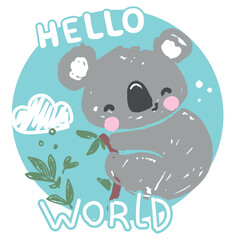 Hand drawn Cute koala with green leaves background kids design print vector illustration
