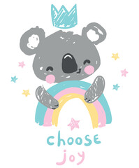 Hand drawn Cute koala with rainbow background kids design print vector illustration