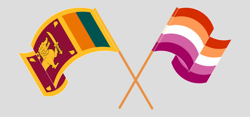 Crossed and waving flags of Sri Lanka and Lesbian Pride