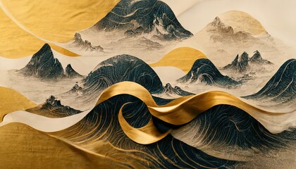 Minimalistisch berglandschap met aquarelpenseel in Japanse traditionele stijl. Behang met abstracte kunst voor prints of covers. 3d kunstwerk
