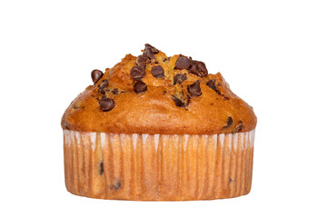 Chocolate chips muffin closeup isolated on white background