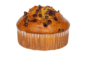 Chocolate chips muffin closeup isolated on white background