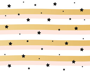 Seamless striped pink, gold and white with black stars vector pattern.
