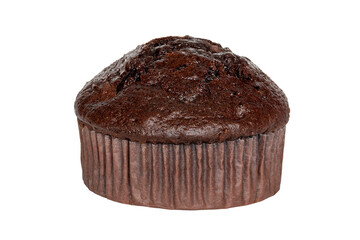 Chocolate muffin closeup isolated on white background.