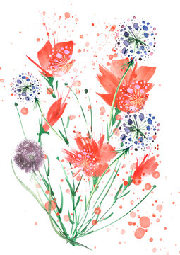 Watercolor painting. A bouquet of flowers of red poppies, dandelion, wildflowers on  isolated background. Hand drawn watercolor floral illustration, logo. Abstract splash of watercolor paint. Banner