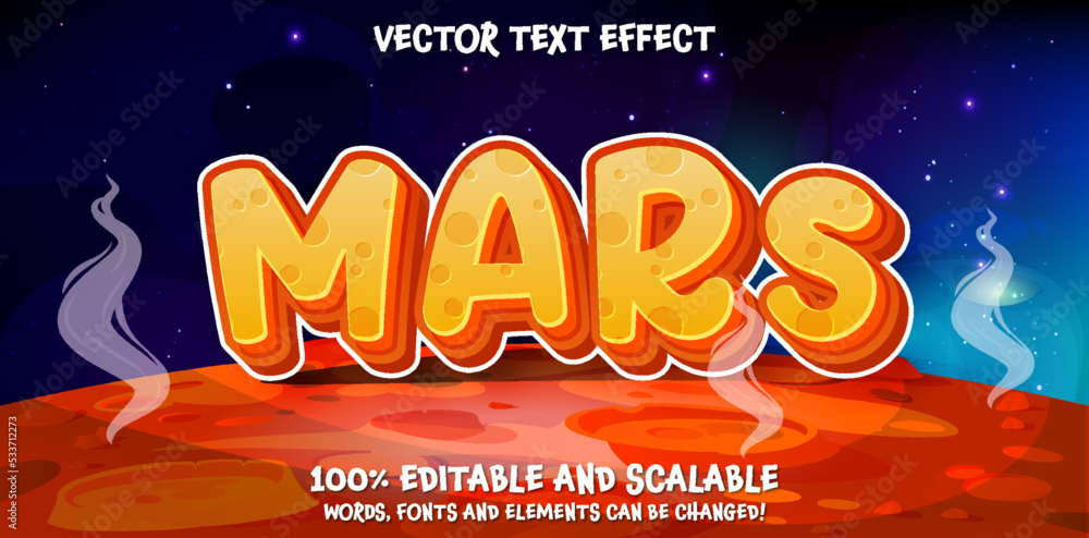 Poster planet mars text, editable space style cartoon 3d font typography template on space background meteo