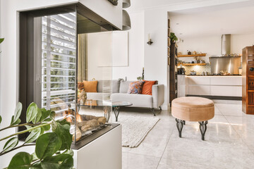 Living room and kitchen in open plan apartment
