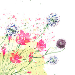 Fototapeta na wymiar Watercolor painting. A bouquet of flowers of red poppies, dandelion, wildflowers on isolated background. Hand drawn watercolor floral illustration, logo. Abstract splash of watercolor paint. Banner