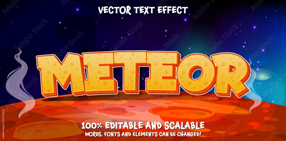 Aufkleber meteor text, editable 3d yellow universe style font letters template on space background surface of 