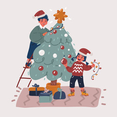 Vector illustration of Happy new year and Merry christmas. Kids: boy and girl together are decorating christmass tree