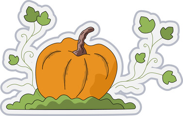 Halloween sticker. Pumpkin on the ground with leaves. 