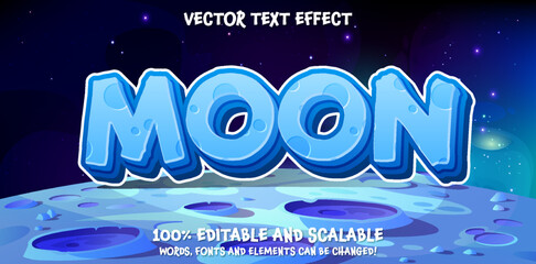 Moon Space text, editable 3d premium download, blue cosmic letters style on blue planet and space star background. Solar system design illustration