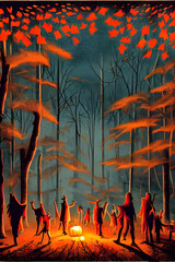 halloween party in the forest, with dancing people, bats, pumpkins, campfire and fireworks - abstract woodcut poster painting - illustration