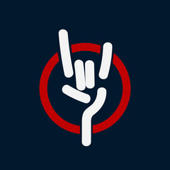 Obraz premium Rock hand sign icon.Red circle frame isolated on dark background.Bold gesture logo.Index and little finger up in form of horns.Flat design vector emblem illustration.