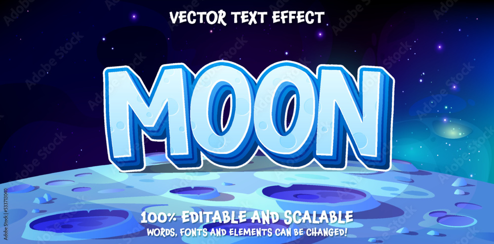 Poster moon 3d text, editable space blue style letters font template on blue meteor crater planet with deep