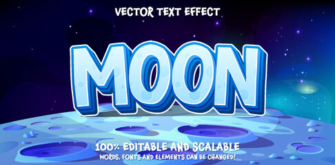 Moon 3d text, editable space blue style letters font template on blue meteor crater planet with deep space star background. Surface of the planet with craters space decoration