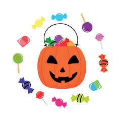 Fototapeta premium Party basket full of candies (bag, cauldron, pumpkin). Vector illustration