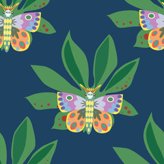 Butterfly seamless trendly pattern on blue background. Vector illustration