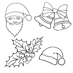 Сhristmas, holiday, New Year decor: Christmas trees, fireworks, decorations, bells, candles, Santa Claus, gifts, angels, Christmas star. For holiday decor. Contour hand drawing in doodle style. Vector