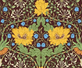 Tuinposter Floral seamless pattern with big yellow flowers on burgundy background. Vector illustration. © yblaz