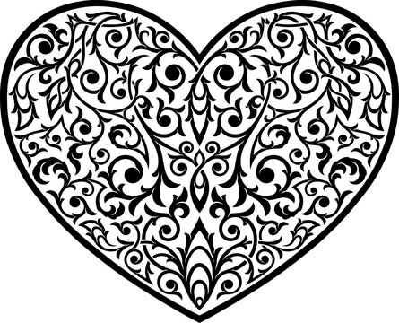 Victorian Gothic ornament with heart. Stylized elements in heart shape. Tattoo. Valentines decor