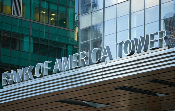 The logo sign of Bank of America in front of the tower skyscraper office building, multinational investment bank and financial services, New York, 2022.
