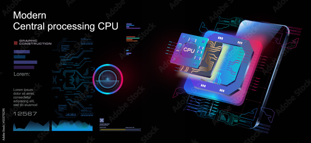 Poster powerful stream processor of new generation. cyber banner. futuristic microprocessor with mobile pho