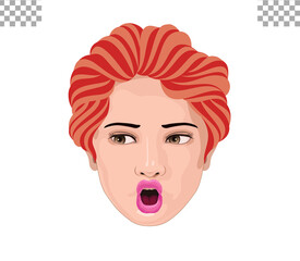 woman face illustration transparent background solid color ,hairstyle, expression, Curly red hair, pink lips,