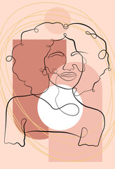 Vector template of design and illustrations in a minimalistic linear style. Minimalistic modern art. Female portrait and abstract print.