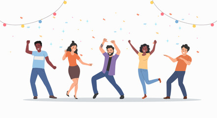 Different happy young women and men dancing. Party people dancing under confetti. Corporate holiday. Flat style cartoon vector illustration.