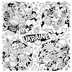 Fototapeta na wymiar Ukraine cartoon vector doodle designs set.