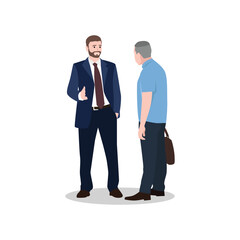 Two businessmen standing, talking, discussing negotiating communication. People conversation. Flat vector illustration isolated on white background