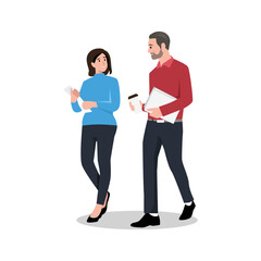 Two business professionals man and woman walking together discussing a project Communication. People conversation. Flat vector illustration isolated on white background