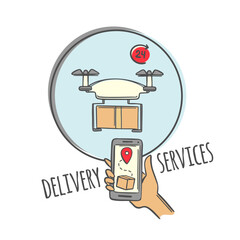 DRONE DELIVER Fast Transportation Goods By Smartphone In Hand In Short Time In One Click To Place Of Destination Vector Illustration And Text