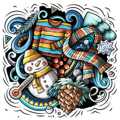 Fototapeta premium Cartoon vector doodles Winter illustration