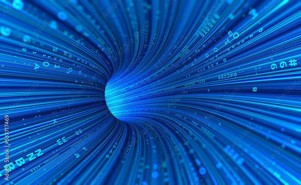 Aufkleber Neon rays virtual flight. 3D illustration of computer code flowing inside cable. High-speed data transmission tunnel. Internet Gateway Data Flow