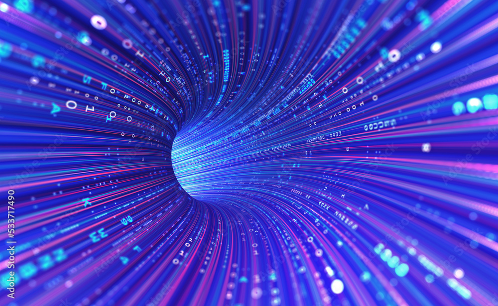 Fototapete Neon rays virtual flight. 3D illustration of computer code flowing inside cable. High-speed data transmission tunnel. Internet Gateway Data Flow